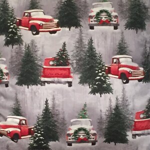 May include: A seamless pattern featuring red vintage pickup trucks carrying Christmas trees against a gray and white snowy background. The trucks are decorated with wreaths and bows.