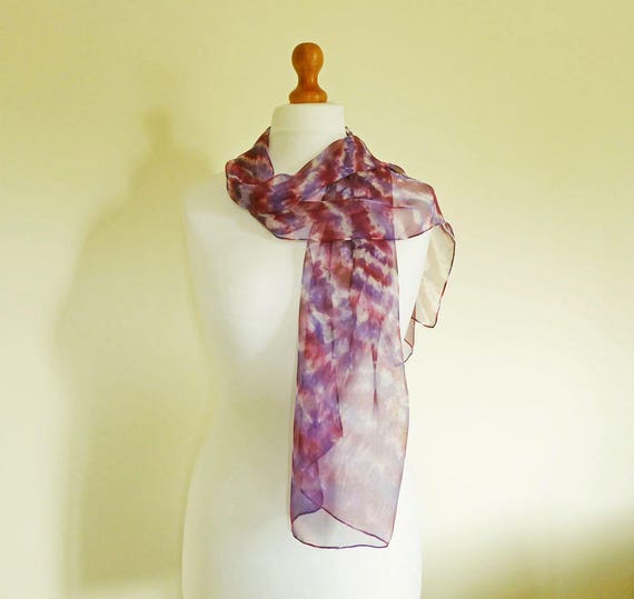 Silk Chiffon Scarf Long Hand dyed Shibori 100 Silk Plum