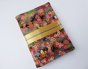 A6 'Kimono' Notebook Cover, Fabric Book Cover, Japanese Cotton, Removable Diary or Planner Cover, Japanese Fabric, Gold Accents, UK Seller