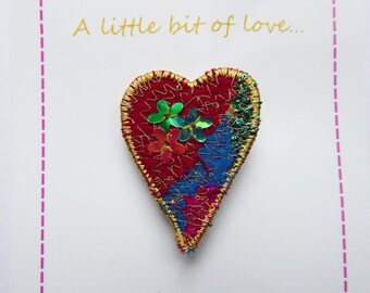 Textile Brooch, Small Heart Brooch, Thank You Gift, Love Token, Gift for Mum, Stitched Textile Art, Fibre Art, Handmade OOAK Gift, UK Seller