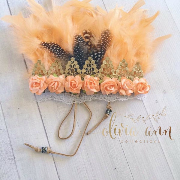 the "Arizona" Boho Feather lace flower Headdress - Crown- Headband- Photo props