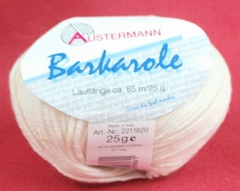 May include: A white ball of yarn labeled "Barkarole" by Austermann. The label also states "Lautlänge ca. 85 m/25 g" and "Art.-Nr.: 2211820 25ge".