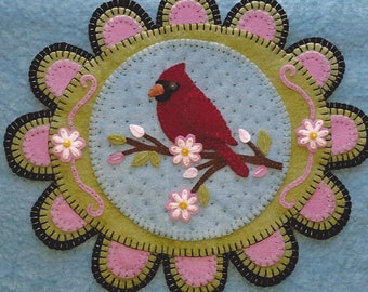 Cardinal Feathered Friend Wool Felt Candle Mat Kit Pattern Wool Felt Floss