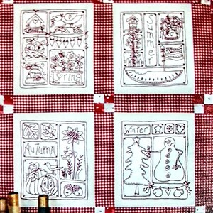May include: A red and white patchwork sampler with four squares featuring black and white embroidery depicting the seasons: Spring, Summer, Autumn, and Winter. The text "Seasonal Patchwork Samplers - #347" is printed below the sampler.