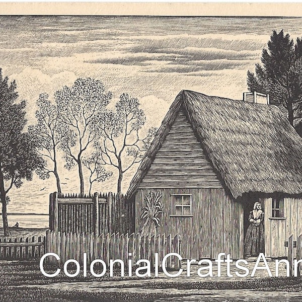 Vintage Postcard - First House of Plimoth Plantation  - From a Wood Engraving  by T W Nason - The Meriden Gravure Company - Meriden Conn