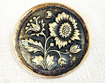 Daisy Stamped Brass Picture Button Heart Scroll Backmark 37mm  1-1/2" Sewing Supply