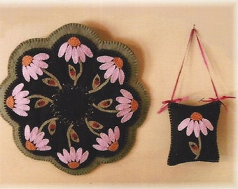 Coneflower Summertime Candle Mat and Pillow Kit Pattern Wool Felt Floss