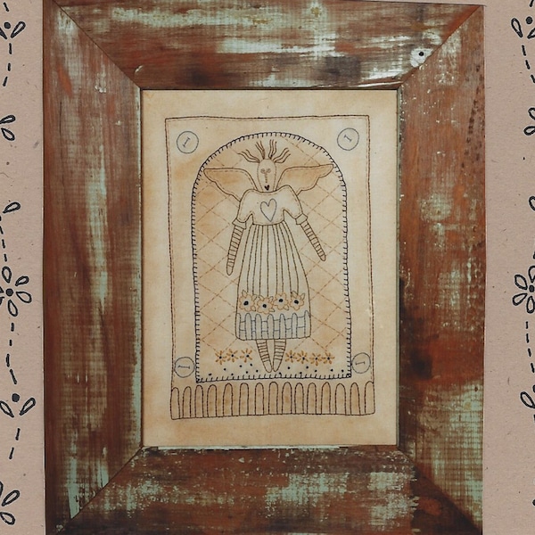 Primitive Angel Embroidery Pattern on Muslin Country Friends Designers Wendy Brigg and  Bronwyn Hayes