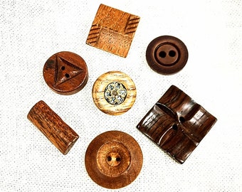Seven Vintage Wooden Buttons Mixed Lot Self Shank Toggle Sew Thru Sewing Supply