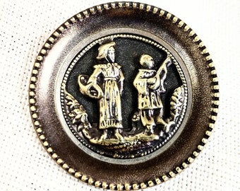 Kate Greenaway Inspired "Waits" Brass Picture Button 37mm 1-7/16" Collector Button
