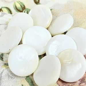 May include: A collection of white, polished, oval and round shell beads. The beads are scattered on a floral patterned fabric with a cream and brown color scheme. The beads have a pearlescent sheen.