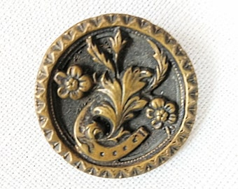 Horse Shoe Floral Brass Picture Button 1-1/4" 32mm Collector Button