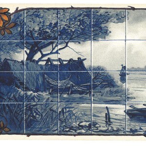 May include: A blue and white tile depicting a Dutch canal scene with a windmill, boats, and a thatched-roof cottage. The tile is framed with a brown border and floral accents.