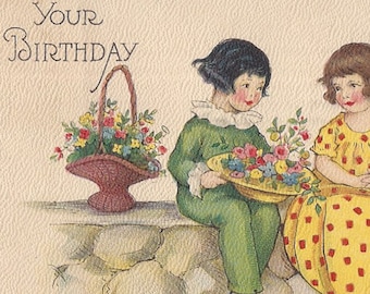 Vintage Birthday Postcard: Two Girls with Flowers, 1900s