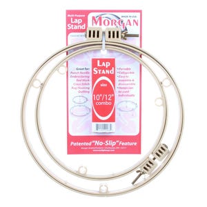 May include: A Morgan multi-purpose lap stand combo, with a 10"/12" size, for punch needle, embroidery, and quilting. The stand is beige and has a patented "No-Slip" feature. The product is made in the USA.