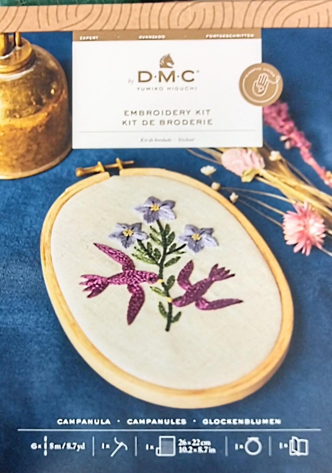 DMC Campanula Bellflower Birds Embroidery Kit Fabric Hoop Floss Needle