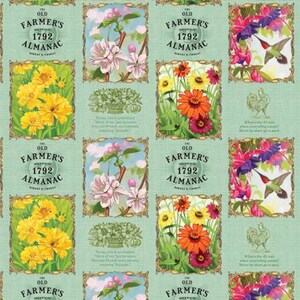 May include: A repeating pattern of vintage-style illustrations featuring floral bouquets, hummingbirds, and roosters. Each illustration is framed with a gold border and includes the text "The Old Farmer's Almanac 1792". The background is a light blue-green color.