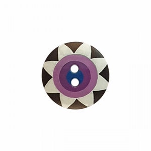 May include: A round, brown button with a white flower design and a purple and blue center. The button has two holes.