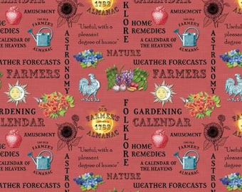 Old Farmers Almanac Floral Words - Red Background - 100% Cotton - Sykel Enterprises Collection - By the Yard Listing