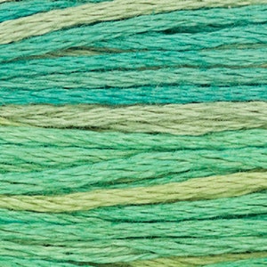 May include: Close-up of variegated embroidery floss in shades of teal, green, and pale yellow. The threads are tightly wound and parallel, creating a textured surface. Ideal for embroidery, cross-stitch, and other needlecraft projects.