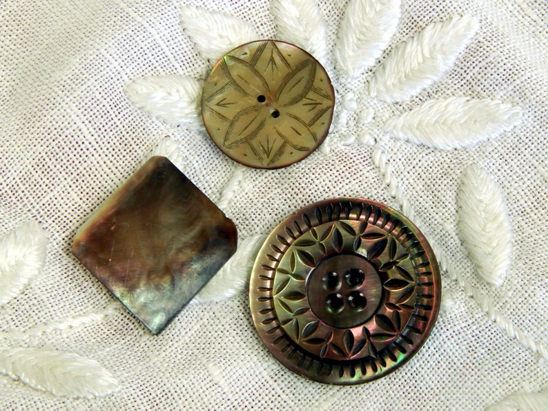 Shell Buttons Carved 3 Three Smokey Collector Buttons Vintage Iridescent Largest 38mm