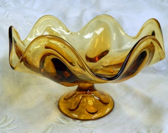 Amber Viking Epic Footed Compote 6" x 9" Six Petal Ribs Pressed Glass