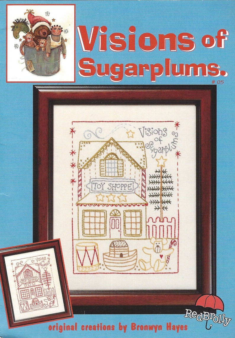 Visions of Sugarplums Embroidery Pattern Preprinted Muslin Designer Bronwyn Hayes Red Brolly image 1