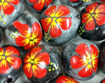 Thirty Red Floral Painted Black Gray Background Drilled One Inch Beads