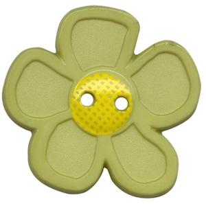 May include: A green plastic flower-shaped button with a yellow center and two holes.