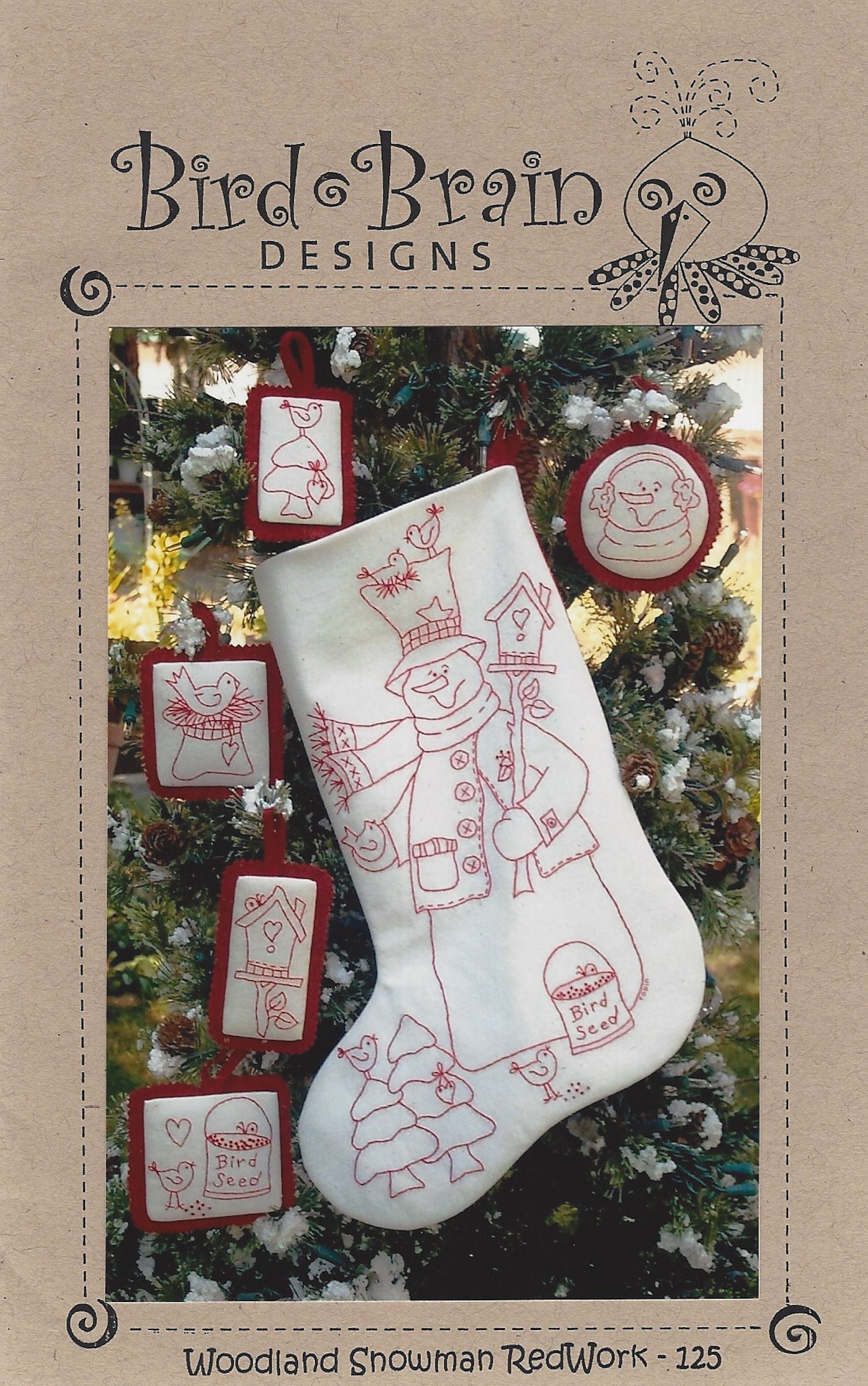 Woodland Snowman Redwork Stocking Ornaments Embroidery Pattern
