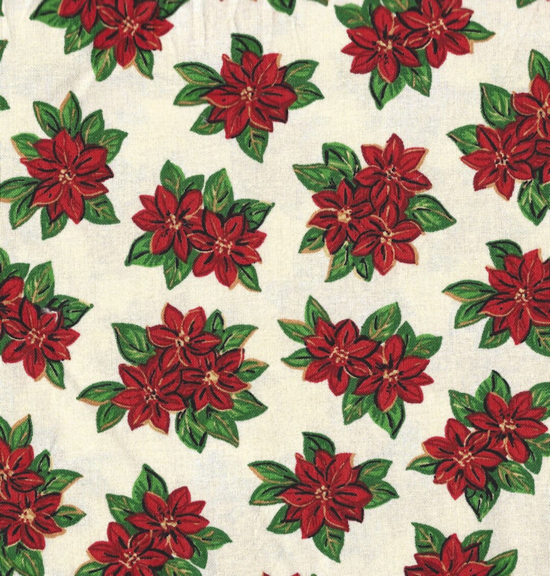 Poinsettias Windham Quilt Fabric Paper Doll Christmas Soft White