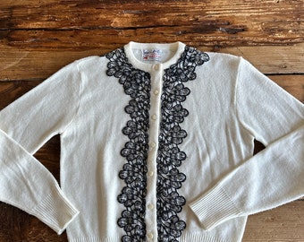 Vintage cardigan with lace and rhinestone trims