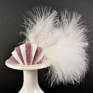 Pink and White Art Deco inspired glitter felt hair clip with feathers | deco, vintage inspired, flapper, 1920s, retro, burlesque, Gatsby
