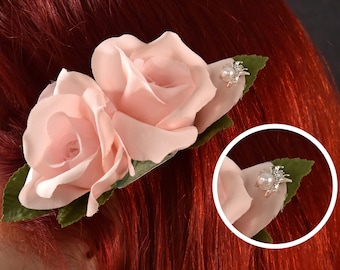 Vintage pink double rose hair clip with pearl spider | retro, vintage, goth, gothic, pinup, pin up, burlesque, hair flower, coquette