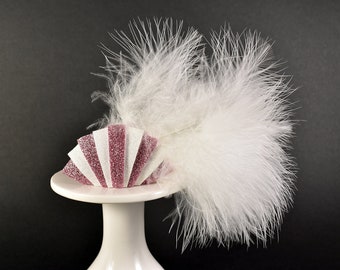 Pink and White Art Deco inspired glitter felt hair clip with feathers | deco, vintage inspired, flapper, 1920s, retro, burlesque, Gatsby