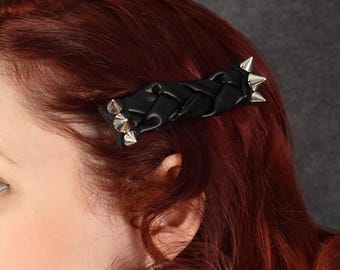 Braided Faux Leather Hairclip with studs | goth, gothic, punk, horror punk, metal, glam, hair accessory gift emo edgy, spikey, hair clip bow