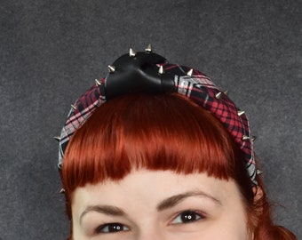 Holiday Plaid and Faux Leather top knot headband with silver studs | hair accessory, top knot headband, twist headband, Christmas headband