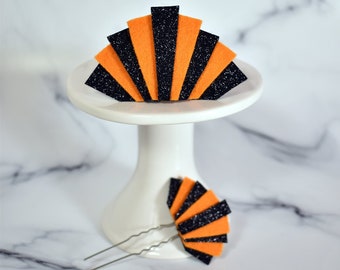 Orange and Black Art Deco inspired glitter felt hair clip and pin set | 1920s, deco, flapper, retro, burlesque, pin up, Gatsby, Halloween