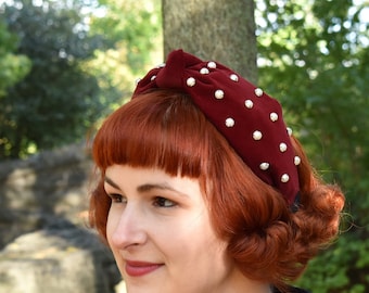 Wine Red Vintage Velvet and Pearl Turban Knot Headband | runway inspired, glam, hair accessory, vintage inspired, retro, 1940s inspired