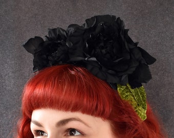 Black Sinamay headband with large black flowers and vintage leaves, black European crystals rhinestones, headband, fascinator, retro