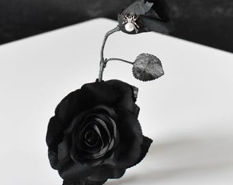 Black vintage rose with pearl spider hair clip with 4 leaves | vintage hair flower, goth, gothic, retro, pinup, pin up, burlesque, gift