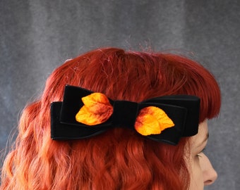 Black velvet bow with vintage velvet orange leaves | goth, gothic, lolita, pinup, pin up, retro, hair bow, bow, Halloween, Fall, Autumn