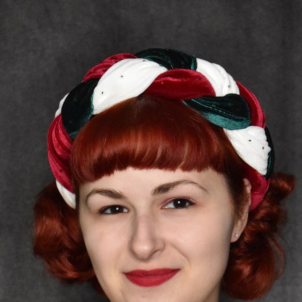 Christmas Red, Green, and Off-White Velvet Chunky Braid Headband with Swarovski crystals | headband, glam, chic, vintage inspired, braided