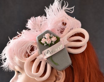 Gray Coffin Fascinator, Flowers, Vintage Velvet, Pink Feathers | goth, pastel goth, Halloween, funeral, Momento Mori, photoshoot, wedding