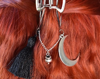 Hair claw clip with moon, tassel, and cauldron | hair clip, hair claw, witchy, ethereal, goth, gothic, emo, punk, Halloween, hair accessory