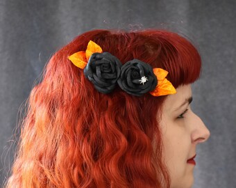 Double Black Roses and Vintage orange leaves with spider hairclip | Halloween, goth, gothic, hair clip, hair flowers, pinup, retro, Spooky