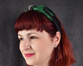 Dripping Green Ooze Headband with Green Glitter and silver spikes, studs | horror, goth, Halloween, emo, hair accessory, punk, glitter