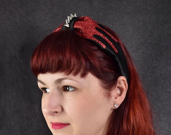 Dripping Blood Knot Headband with Red Glitter and silver spikes, studs | horror, goth, Halloween, emo, hair accessory, punk, glitter, studs