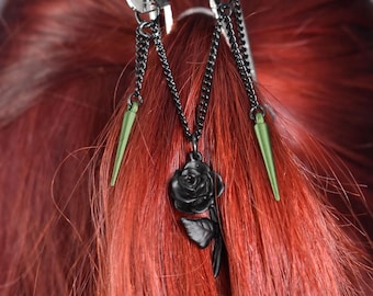 Hair Clip with green spikes, black chains, black rose charm | goth, gothic, emo, alt, alternative, hair clip, gift, jaw clip, hair accessory