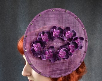 Purple Orchid Sinamay Fascinator with Studs and Crystals | millinery, fascinator, hat, scoop hat, orchids, studs, spikes, glam